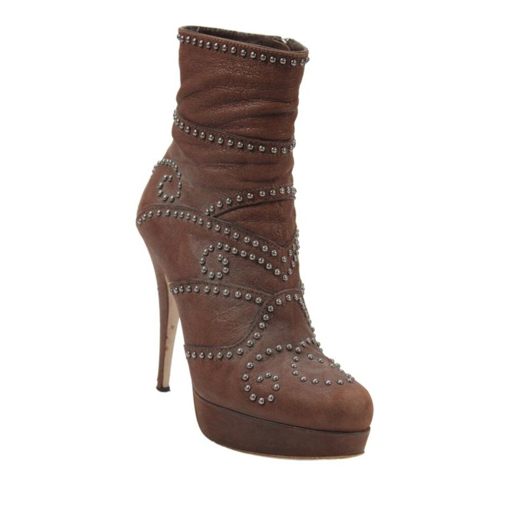 Miu Miu Womens Leather Studded Low Platform Ankle Boots Brown Size 37 7